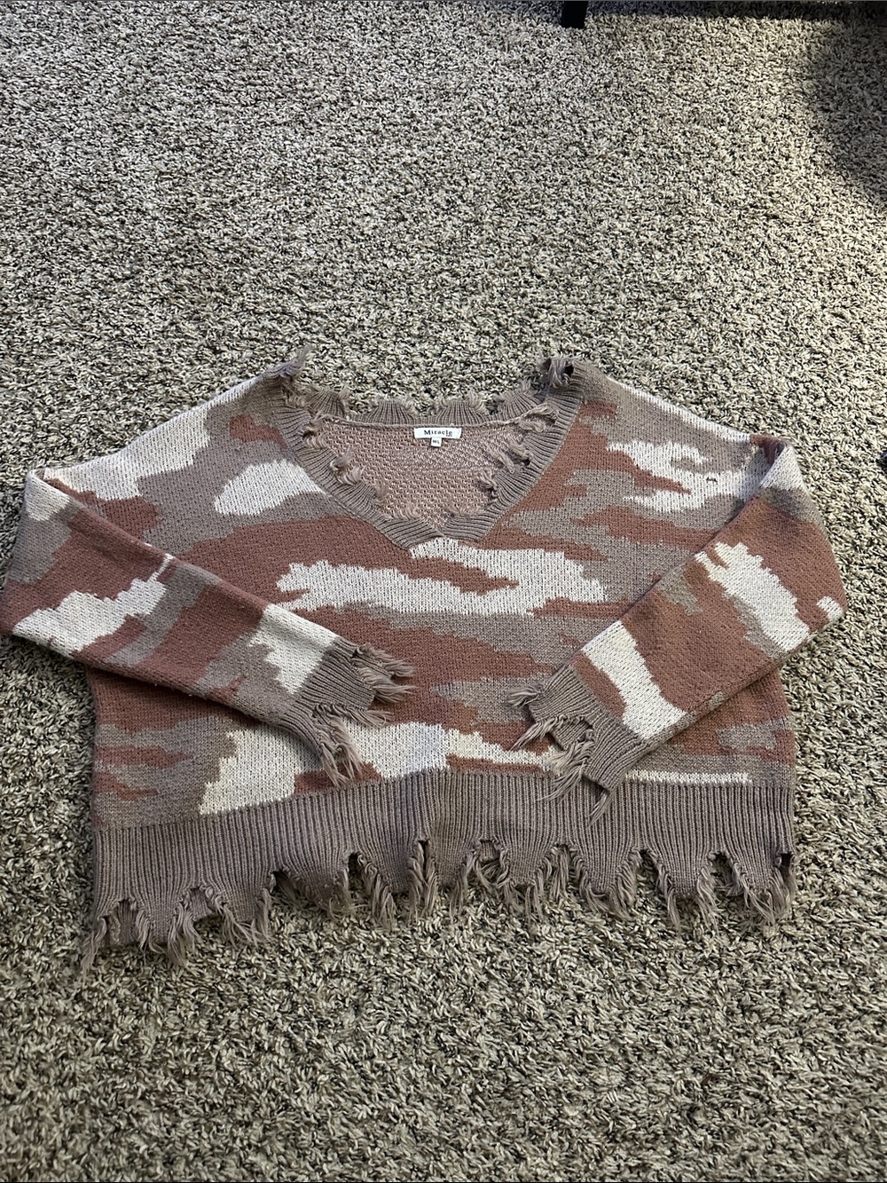 Miracle Distressed Camo V-Neck Sweater in Taupe and Cream (MRO)